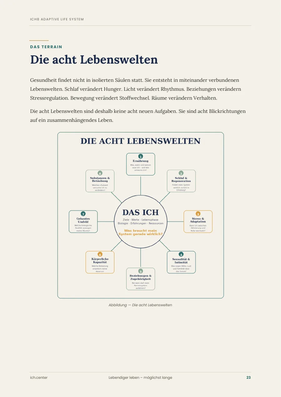 E-Book-Seite mit den acht Lebenswelten des ICH8-Modells