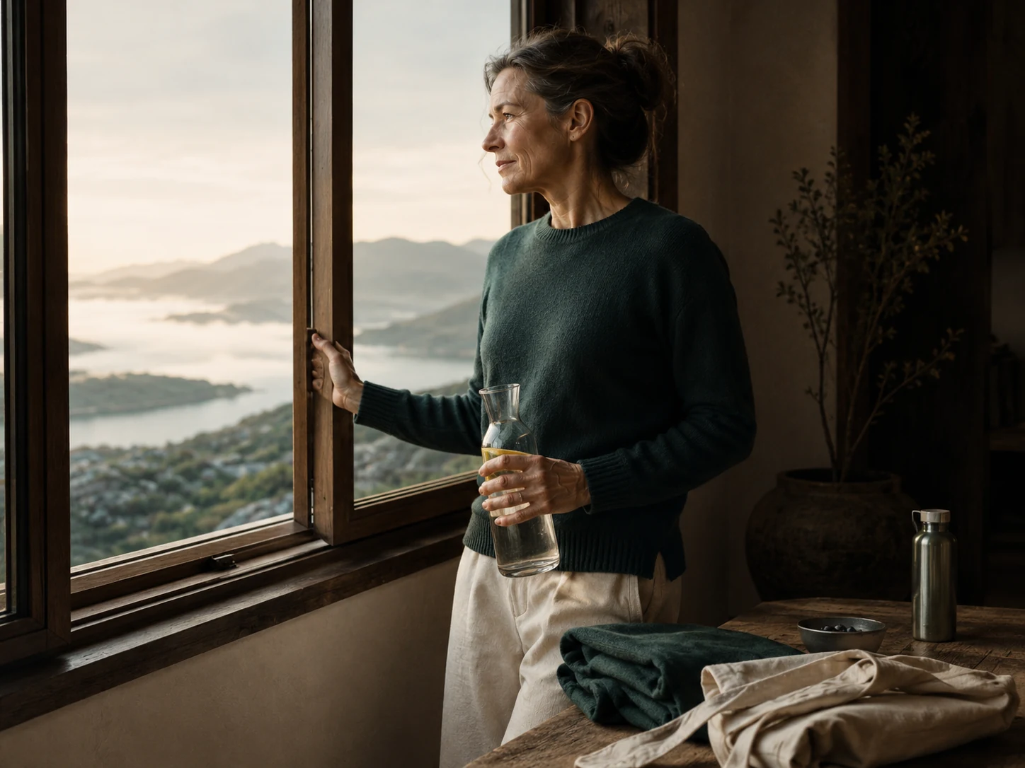 Frau öffnet am Morgen ein Fenster und richtet ihren Tagesrhythmus neu aus