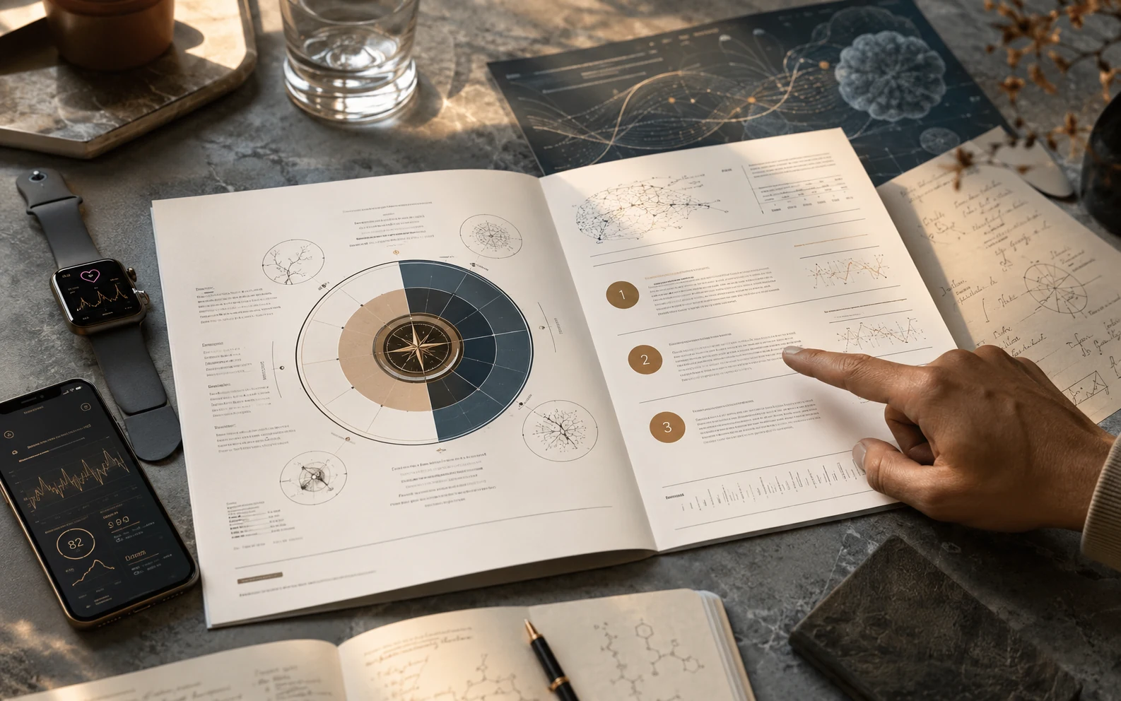 Offener Longevity-Kompass mit Daten, Wearable und handschriftlichen Prioritäten