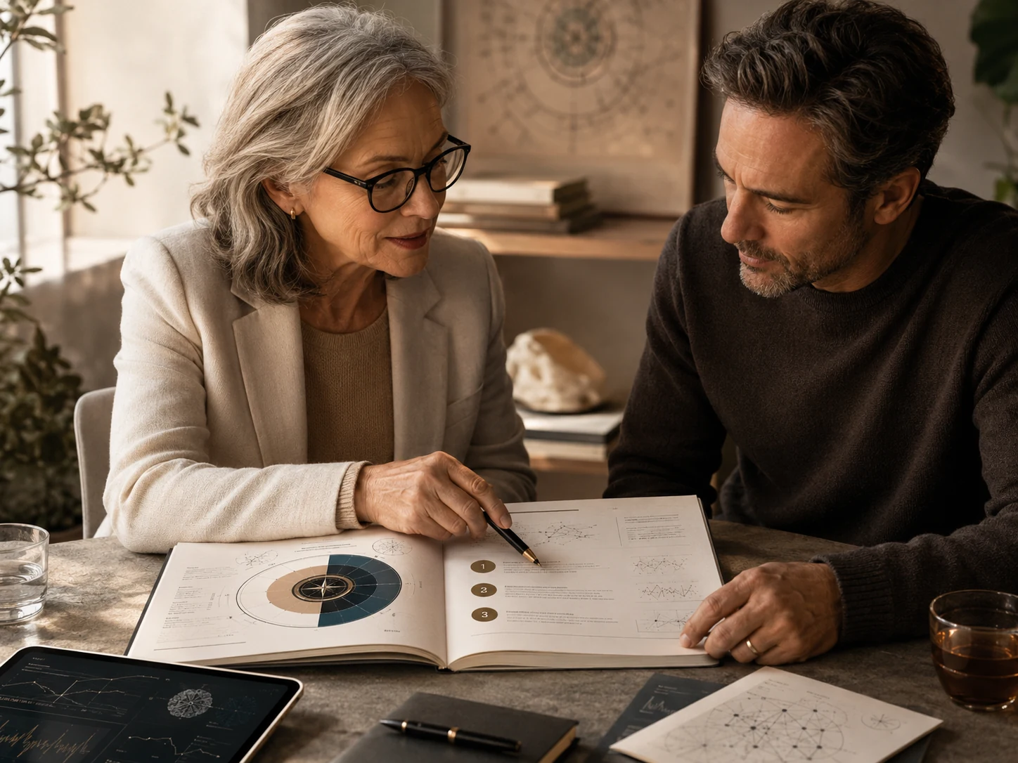 Expertin und Klient lesen den Longevity-Kompass gemeinsam